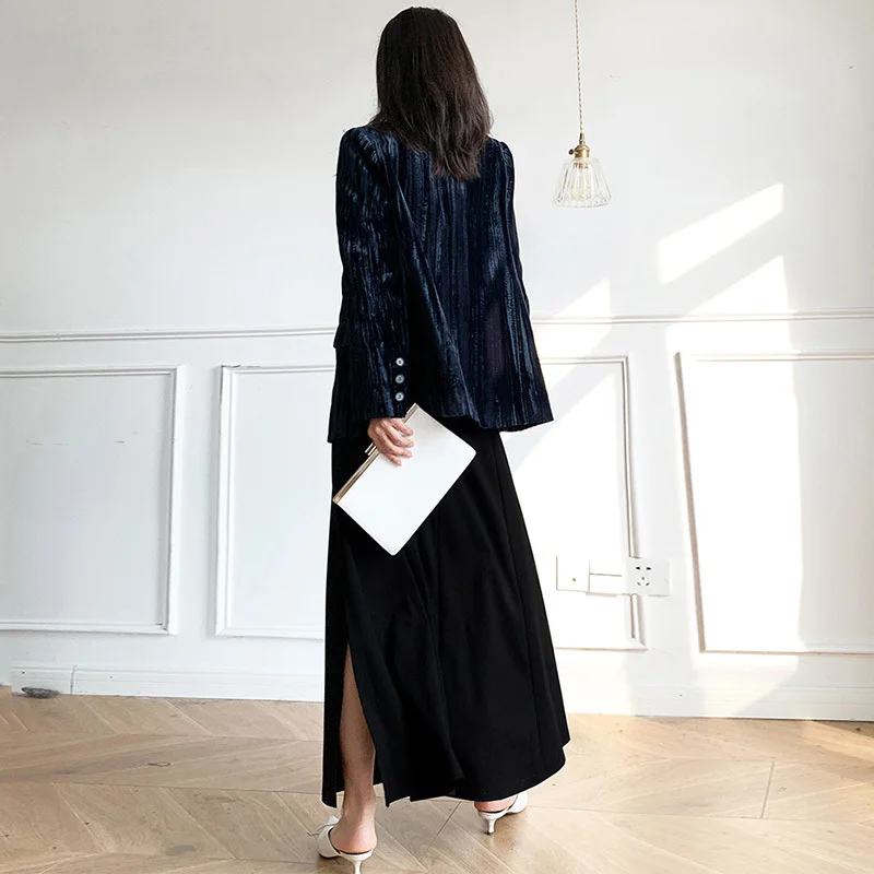 

[EAM] Women Vintage Blue Velvet Blazer New Notched Long Sleeve Loose Fit Jacket Fashion Tide Spring Autumn 2021 1DD4457