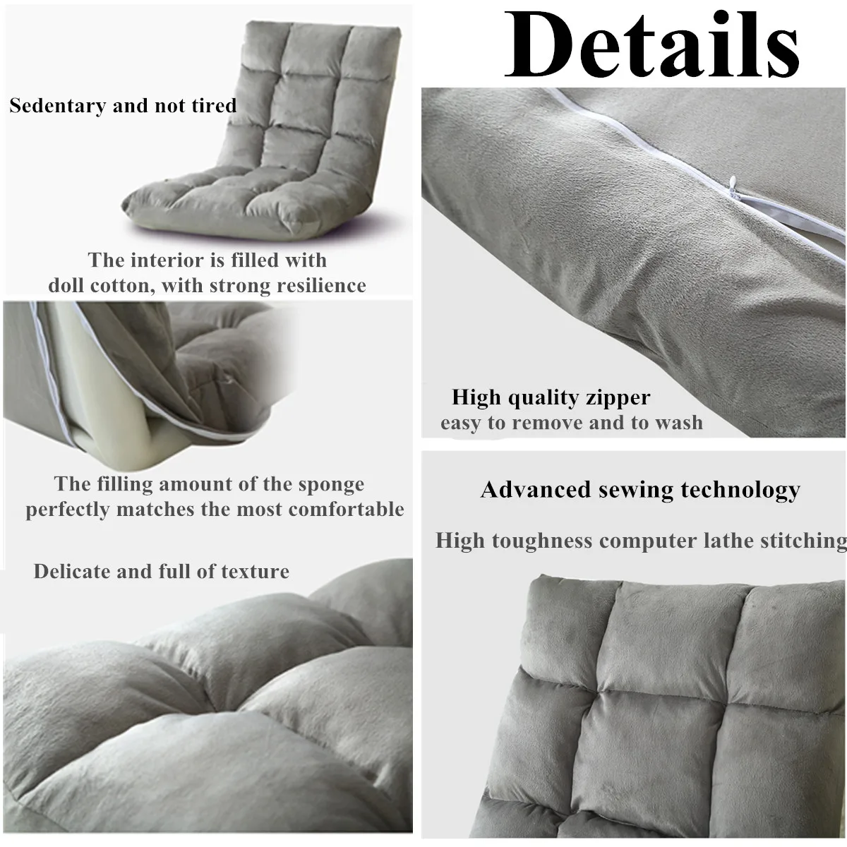 

Folding Lazy Lounger Living Room Sofas Tatami Adjustable Lounge Chair Floor Support Couch Cushion Fabric Grey Home Sofa Chair