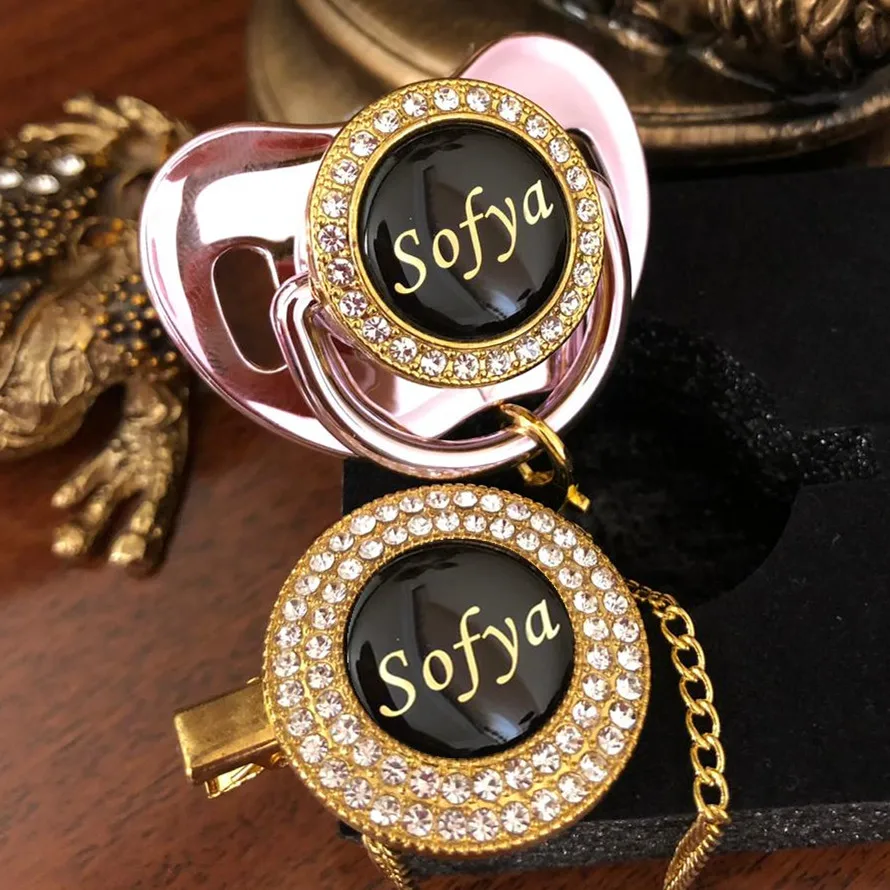 

MIYOCAR personalized any name photo custom gold bling pacifier and pacifier clip black BPA free dummy baby shower P8-B new