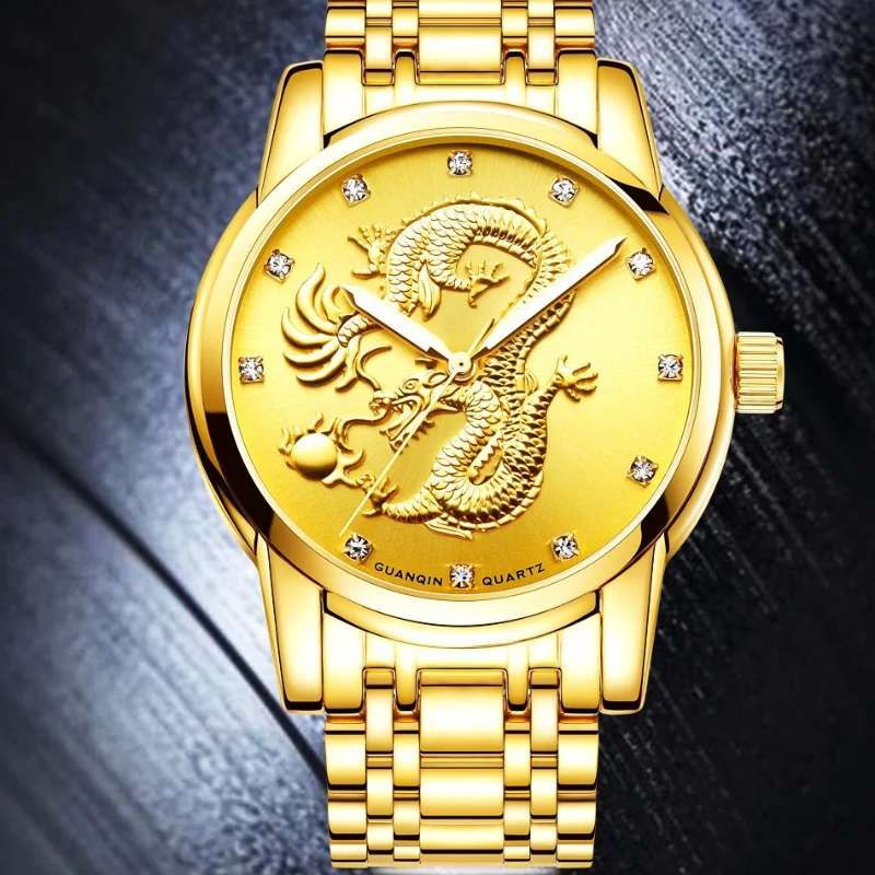 

GUANQIN Waterproof Quartz Watch Casual Male Clock Relogio Masculino Luxury Brand Classical Chinese Dragon Pattern Mens Watches