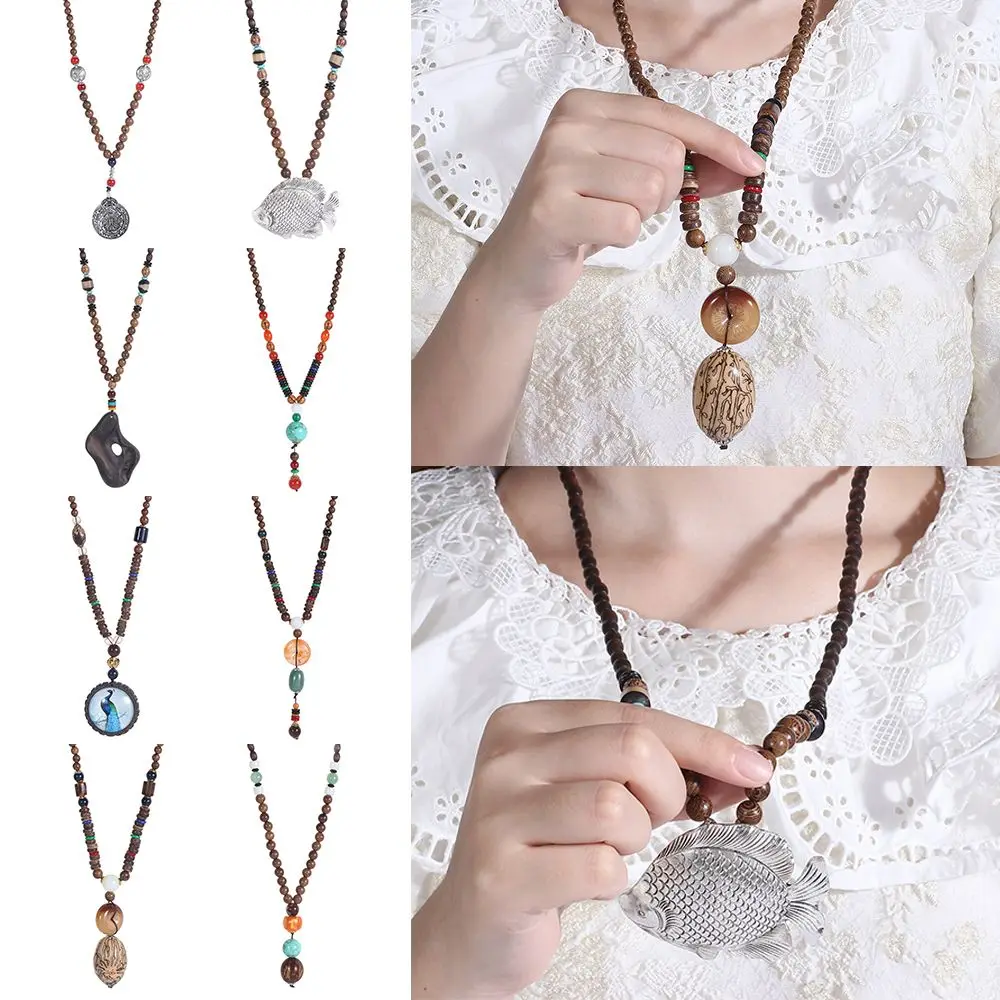 

Vintage Party Lucky Gift Handmade Horn Fish Pendant Nepal Necklace Buddhist Mala Wood Bead