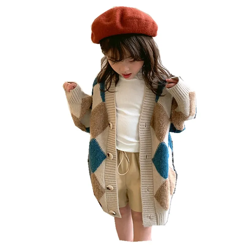 

Toddler Kids Long Sleeve Diamond Pattern Oversize Long Sleeve Sweater Girls Cardigan Coat Kids Long Length Spring /fall Clothes