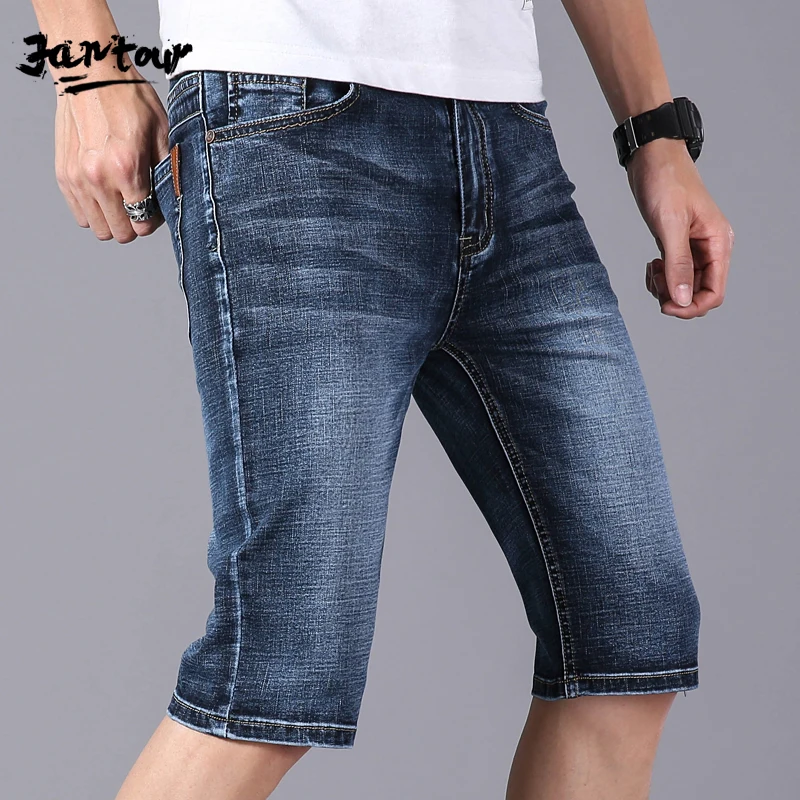 Мужские джинсовые шорты синие однотонные прямые из хлопка повседневные короткие