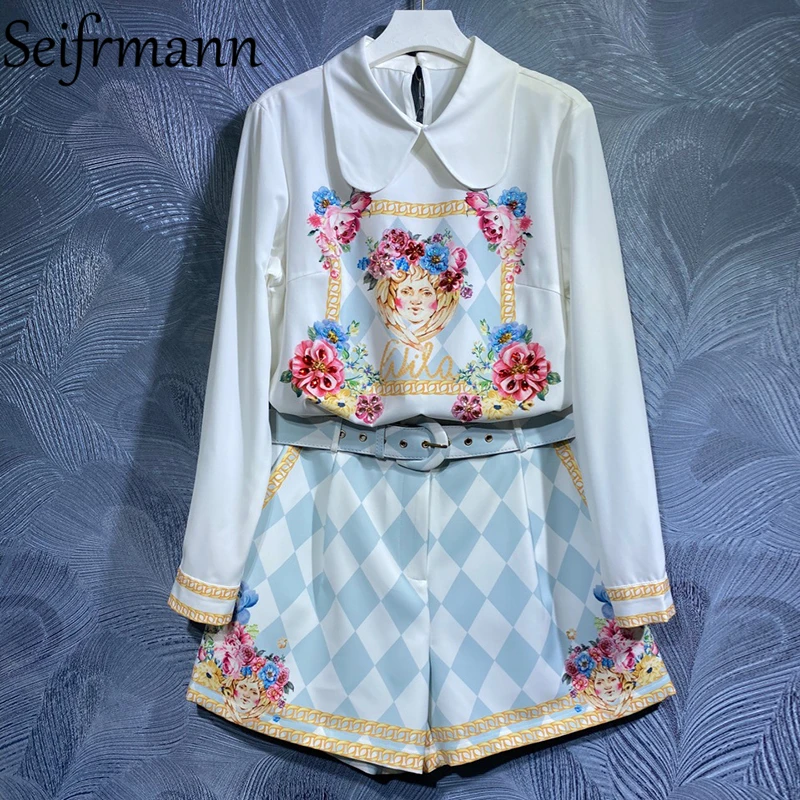 

Женский костюм-двойка Seifrmann, модный дизайнерский комплект из двух предметов, Свободный Топ с длинным рукавом и шорты с высокой талией и прин...