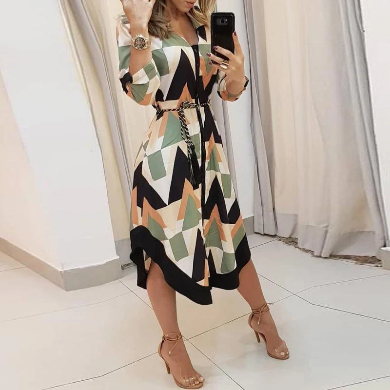 

Office Lady Elegant Turn-Down Collar Button Shirt Dress Spring Summer Vintage Plaid Print Tie-Up Dresses Women Irregular Dress