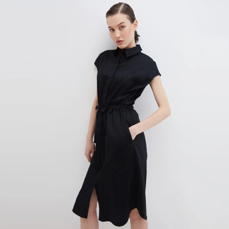 

Sleeveless Shirt Drawstring Dress Women Solid Color Turn-Down Collar Knee-Length Dress Daily Office Lady Summer Dress For Women