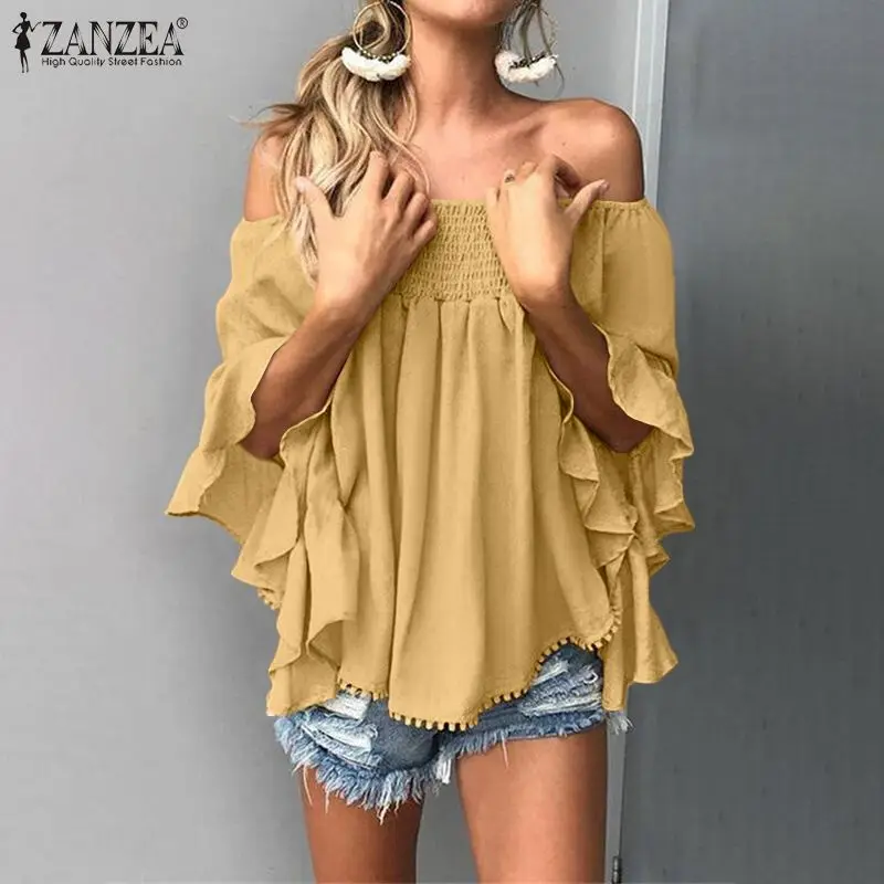 

Spring Oversize Shirt Women Holiday Party 3/4 Flare Sleeve Blouse ZANZEA Casual Off Shoulder Smocking Chemise High Low Retro Top