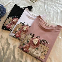 korean summer women sweet cotton t shirt fashion embroidery flower pullover female o neck loose casual t shirt plus size