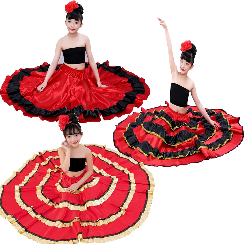 Gypsy Style Princess Girls Belly Dance Costumes Spanish Traditional Flamenco Skirt Satin Smooth Plus Size Swing Skirt Dress