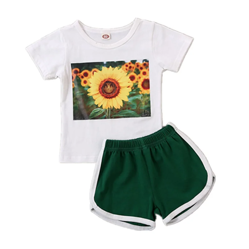 

New Toddler Baby Girl Sunflower Short Sleeve T-shirt Tops+ Shorts 2Pcs Baby Girls Summer Clothes Outfit (90/100/110/120/130)