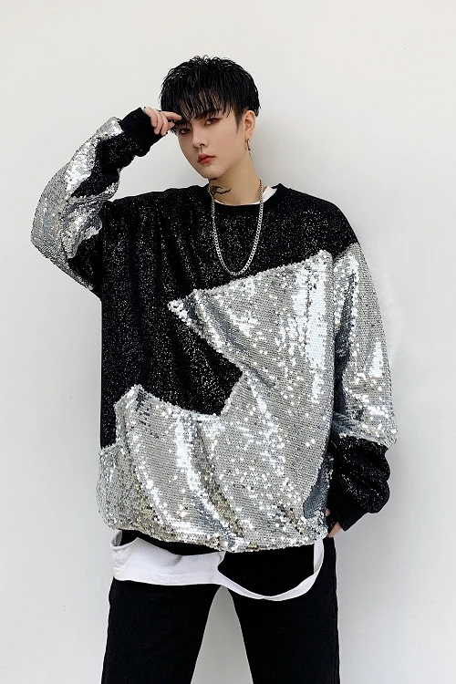 

Autumn and winter personality sequins contrast color plus velvet sweater men's loose tide brand shiny nightclub performance cl