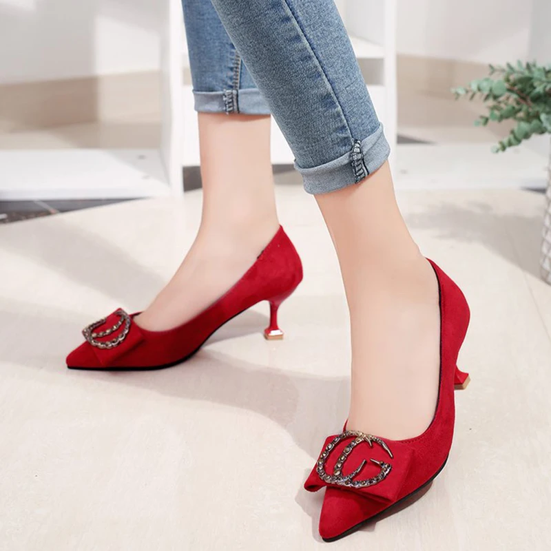 

Women's Summer And Autumn Shoes Ladies Suede Wine Glass Heel High Heel Shoes Metal Buckle Decoration Pointed Exquisite Shoes