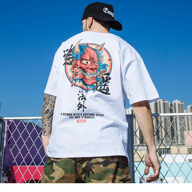 

Harajuku Ghost Chinese printing Summer Cotton Short Sleeve Hip Hop Loose streetwear T-shirt men camiseta masculina