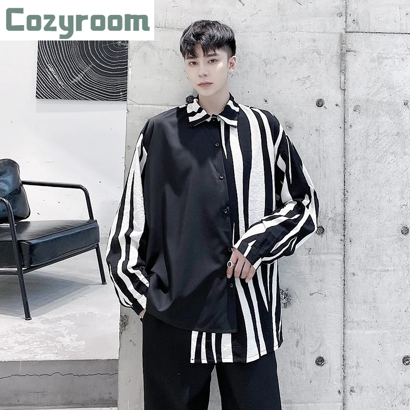 

Мужская рубашка в черно-белую полоску, Асимметричная рубашка с длинными рукавами, контрастная строчка, 2021