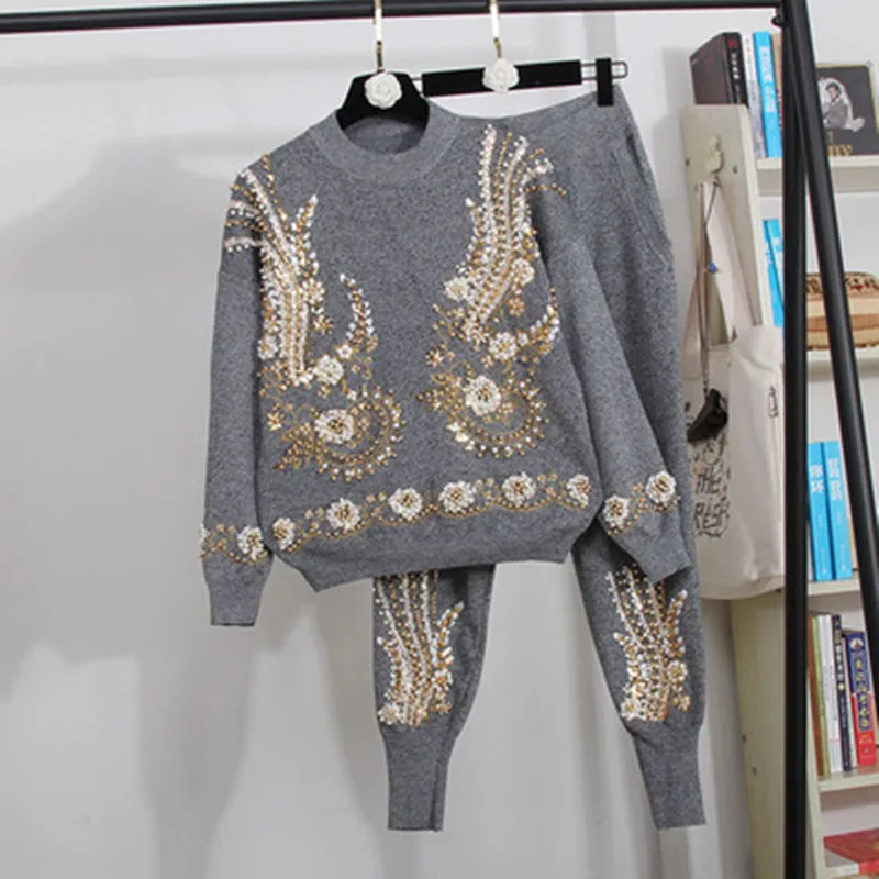 Fashion Woman Tracksuit 2020 New Autumn Winter Two Piece Set Vintage Beaded Embroidery Sweater Top + Pants Knitted Sportsuits