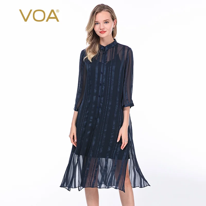 

VOA 100% Mulberry Silk Grey Blue Striped Stand Collar Seven-point Middle Sleeve Single-row Button Joker Sunscreen Long Coat WJ61