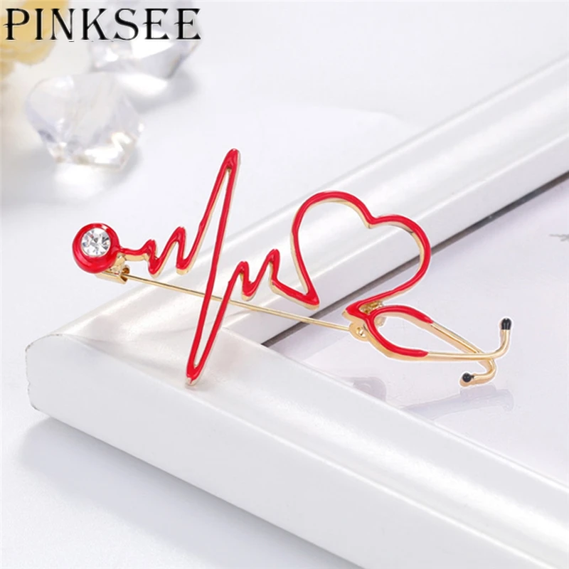 

Pinksee Creative Personality Red Enamel Heartbeat Brooches Women Men Fashion Electrocardiogram Lapel Pins Party Jewelry Gifts