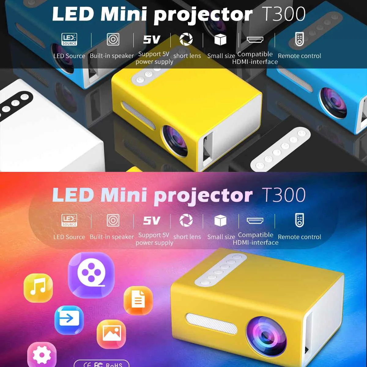 

Мини-проектор T300, 110-240 В, LED, поддержка 1080P AV HDMI, USB