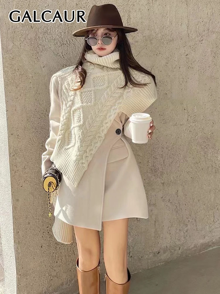 

GALCAUR Slim Coat For Womens Lapel Collar Long Sleeve Solid Knitting Shawl Coats Female Korean Fashion Clothing 2021 Style New