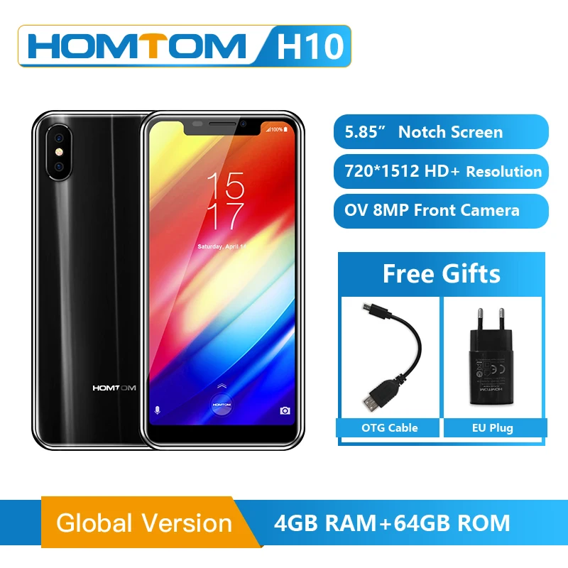 Мобильный телефон HOMTOM H10 4 ГБ 64 Android 8 1 5 85 дюймов экран MTK6750T Восьмиядерный сканер