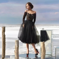 tea length a line black evening dress 2021 long sleeve sheer o neck lace zipper back tulle elegant short party prom gown