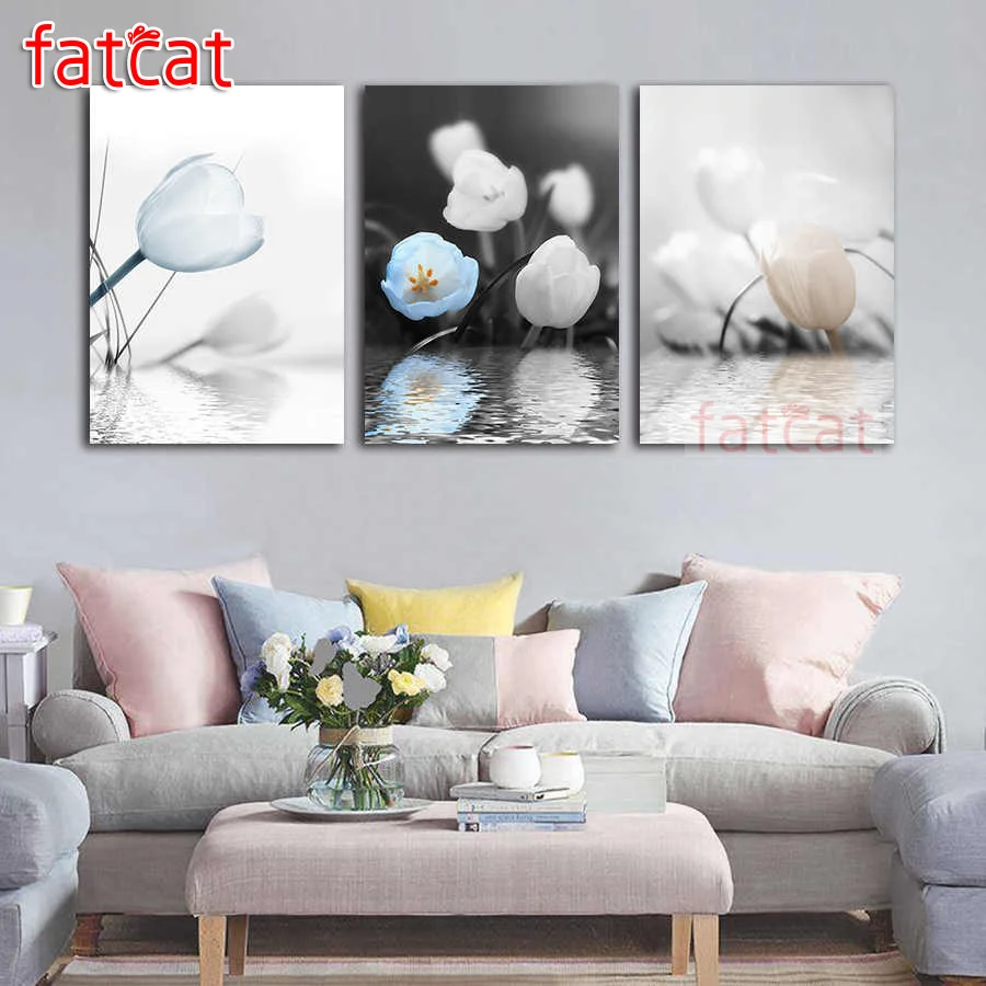 

FATCAT white flower water shadow 5d diy diamond painting full square round rhinestone embroidery triptych set home decor AE1892