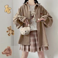 japanese cute bear embroidery corduroy shirt spring and autumn students loose lazy style soft girl jacket women college style