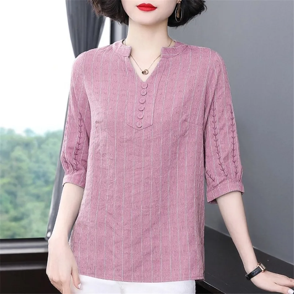

Spring Summer Cotton Women Fashion Casual Blouses Elegant V Neck Stripe Print Shirt Loose Ladies Top Blusas MM1477