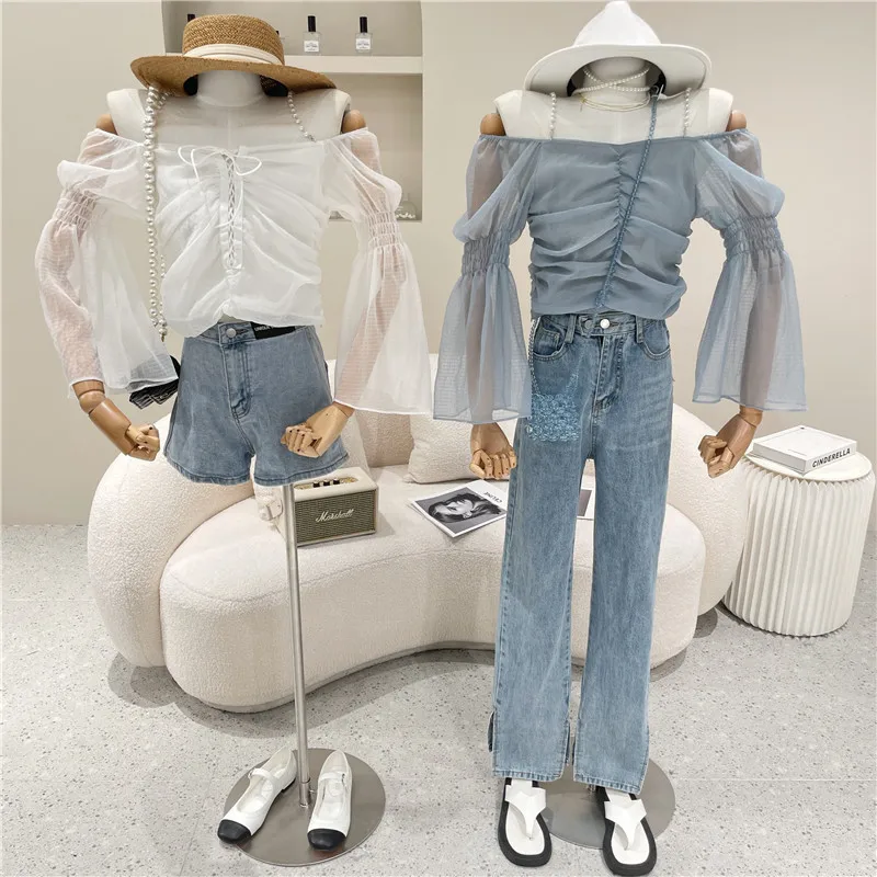 

Women's Clothing Summer 2021 Niche Design Fashion New Pearl Sling Short Shirt New Flaring Sleeve Off The Shoulder Top