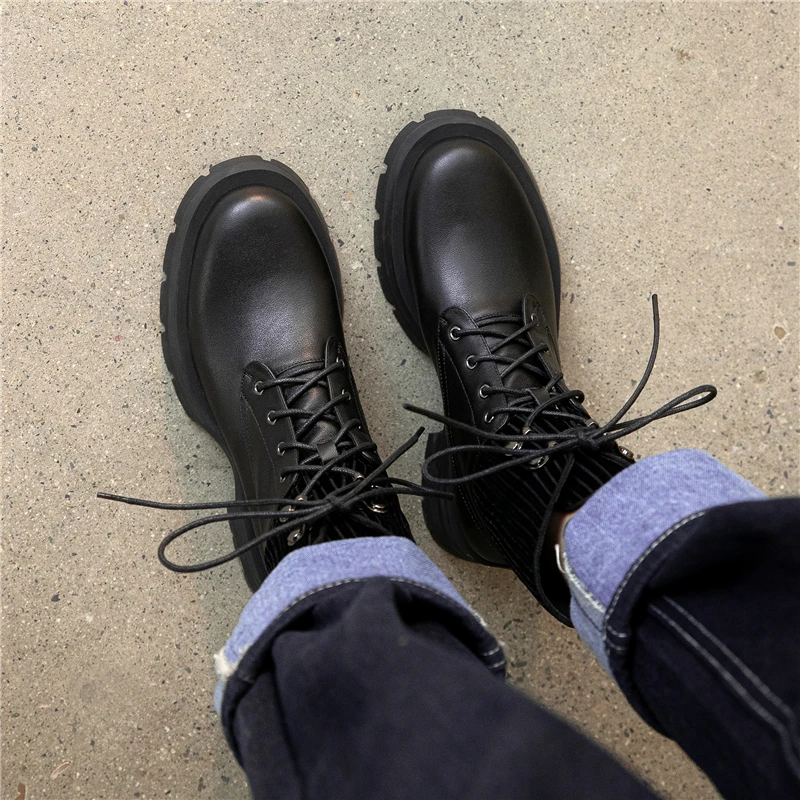 

VERCONAS Knitting Genuine Leather Women Ankle Boots Platform Fashion Casual Thick Heels Autumn Winter Rivets Lace-Up Shoes Woman