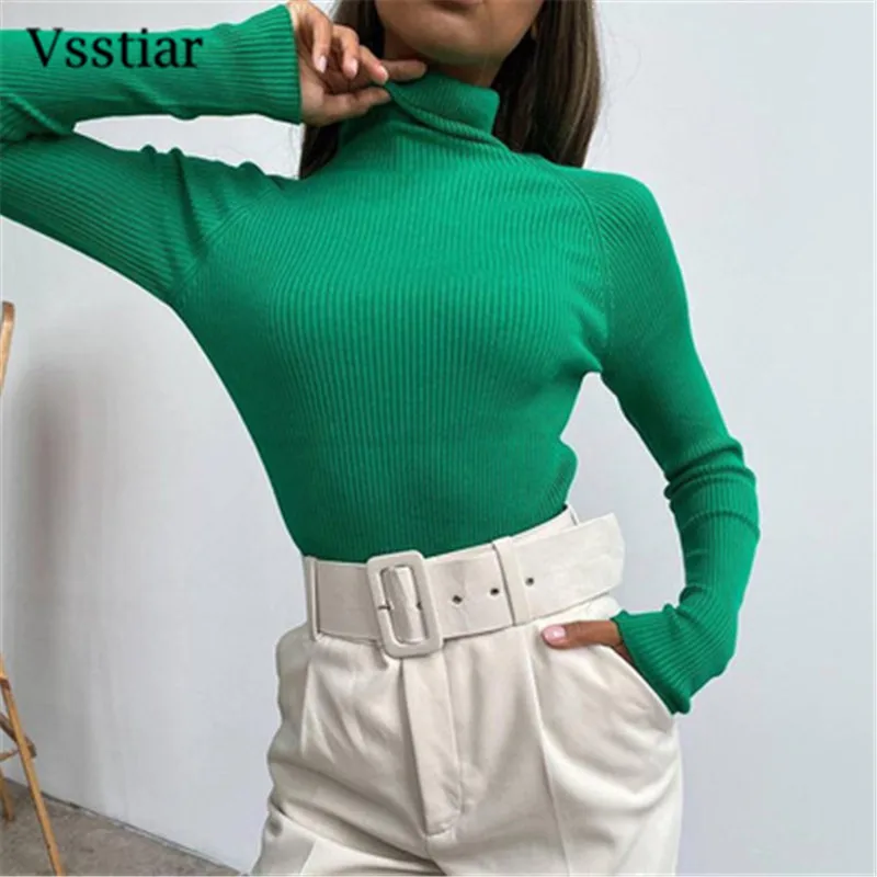 

Vsstiar Green Sweaters Women Turtleneck Long Sleeve Autumn Winter Slim Jumper Tops Fashion Knitted Casual Korean Pullovers