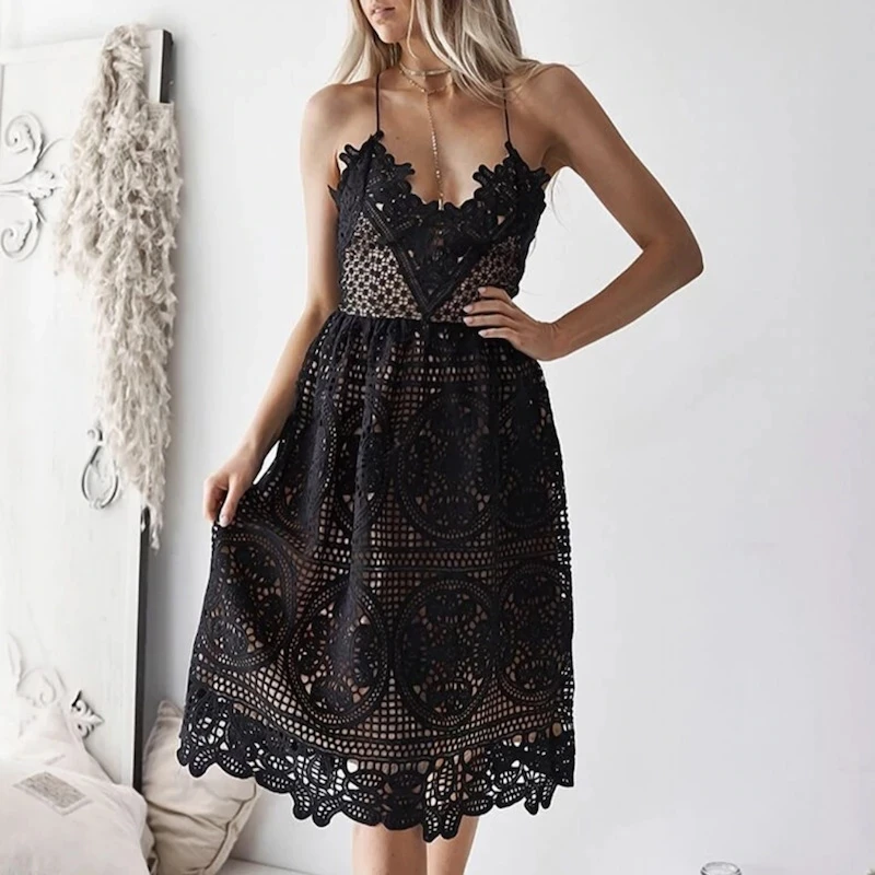 

Summer Dress Women Tunic Beach New Hot Sale Sexy Club Female Sleeveless Dress Backless V Neck Lace Midi Woman Dresses Fashion