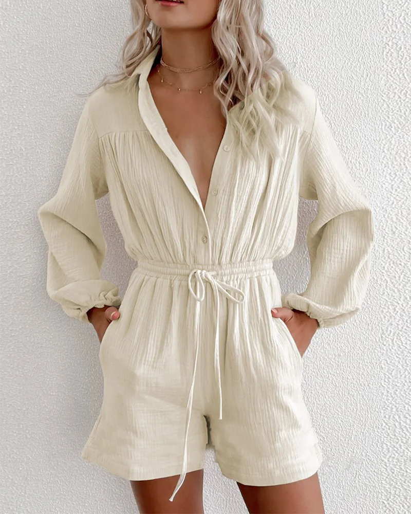 

Long Sleeve Romper Women Summer Casual Jumpsuits Woman Single-breasted Drawstring Pockets Waist Loose Jumpsuit Women Lugentolo