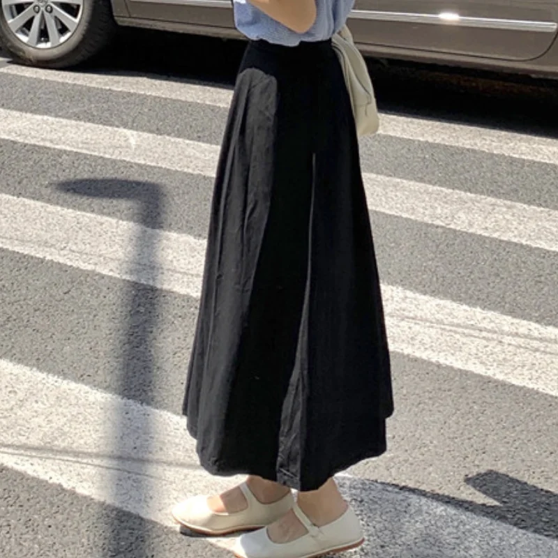 

KUSAHIKI Korean Elegant Mid-calf Skirt Women High Waisted A-line Skirts Summer New Solid Black Faldas Mujer Moda 2021 6J596