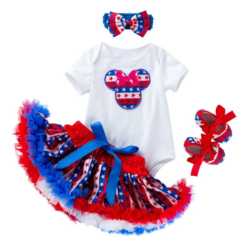 

Independence Day New 0-2T Toddler Short-Sleeved Romper Star Print Tutu Skirt Bow Headband Baby Shoes Four-Piece Clothes Set