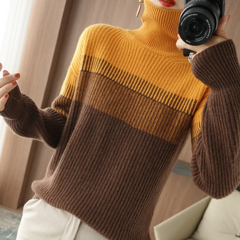 2021 Autumn and Winter New Pure Woolen Sweater Women Turtleneck Sweater Retro Color Matching Loose Warm Knitted Bottoming Shirt