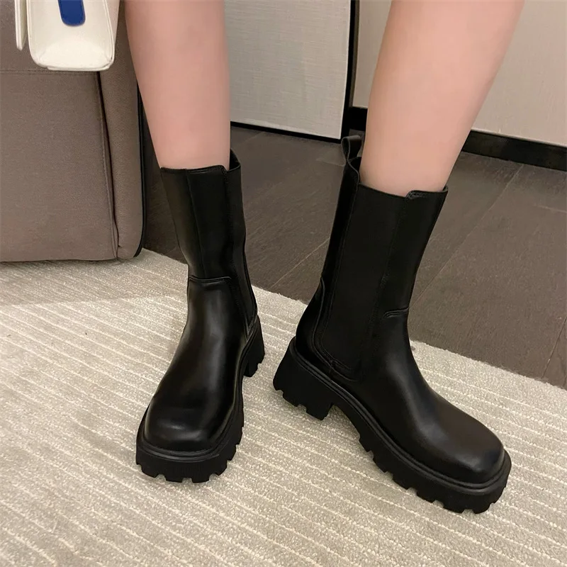 

Женские ботинки челси, Осенняя обувь 2021, круглый носок, рок, резина, Лолита, до середины икры, женские, на высоком каблуке, без застежки, флоко...