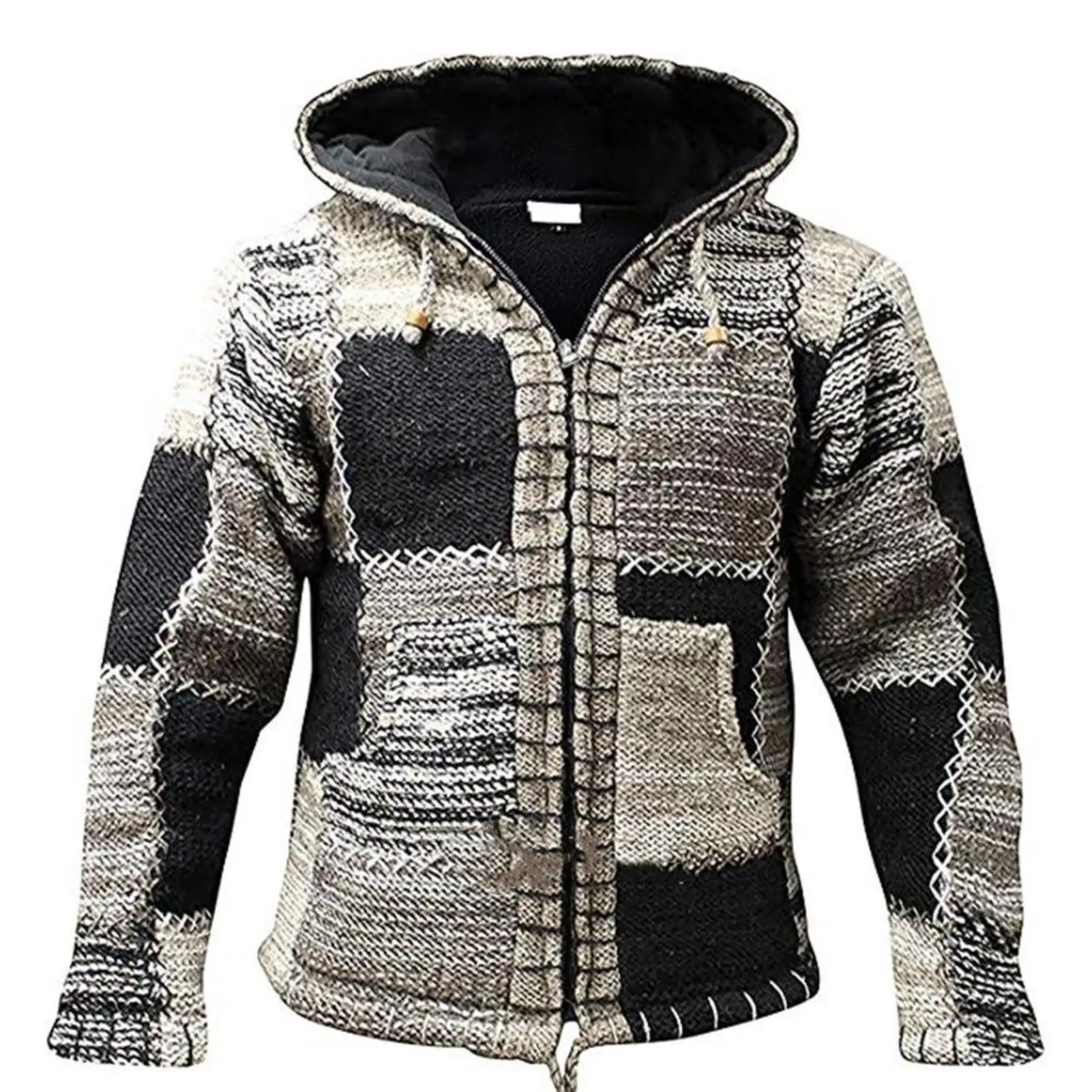

Men Sweater Coat With Pocket Casual Long Sleeve Ethnic Color Block Pocket Cardigan Hooded Coat Outwear Patchwork Outwear Autumn