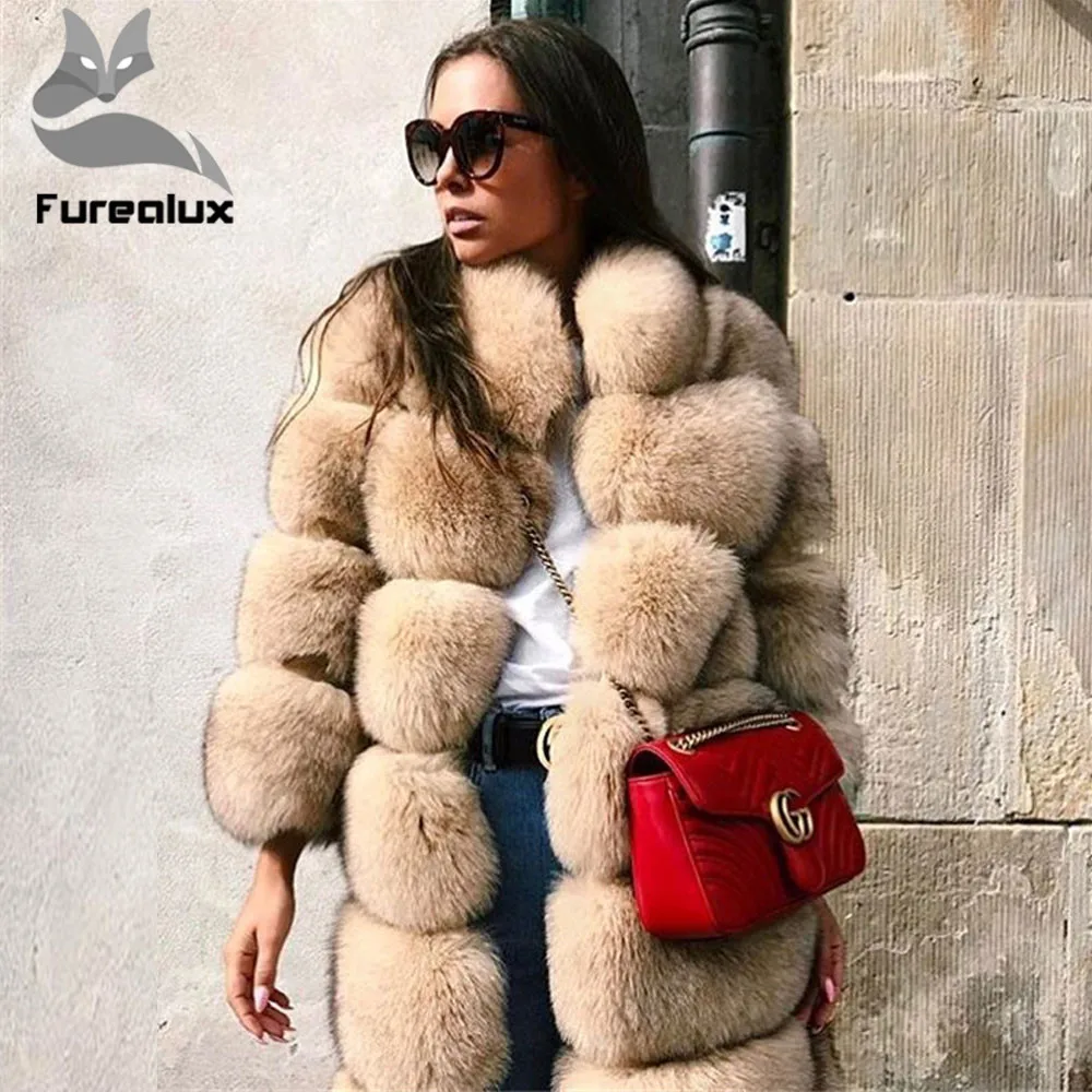 Furealux пальто с натуральным лисьим мехом Женское зимнее плотное пальто из настоящего меха лисий мех куртка с воротником-стойкой пальто Женский жакет из меха