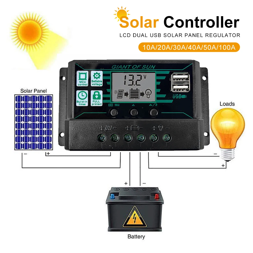 

MPPT PWM Solar Charge Controller 12V 24V Solar Panel Battery Regulator 2 USB Port LCD Display 10A 20A 30A 40A 50A 60A 100A