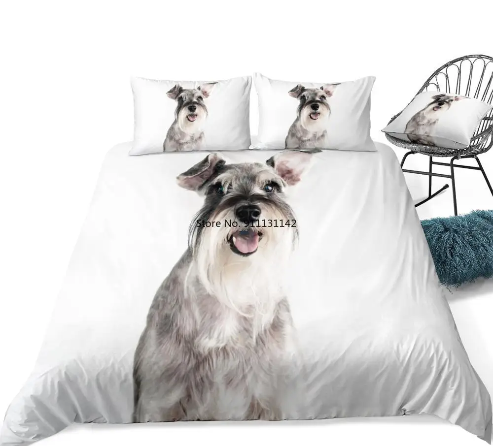 

3D Dog Duvet Cover Set Schnauzer Bed Set White Bedding Kids Boys Girls Cute Pet Quilt Cover Queen 3pcs Animal King Dropship