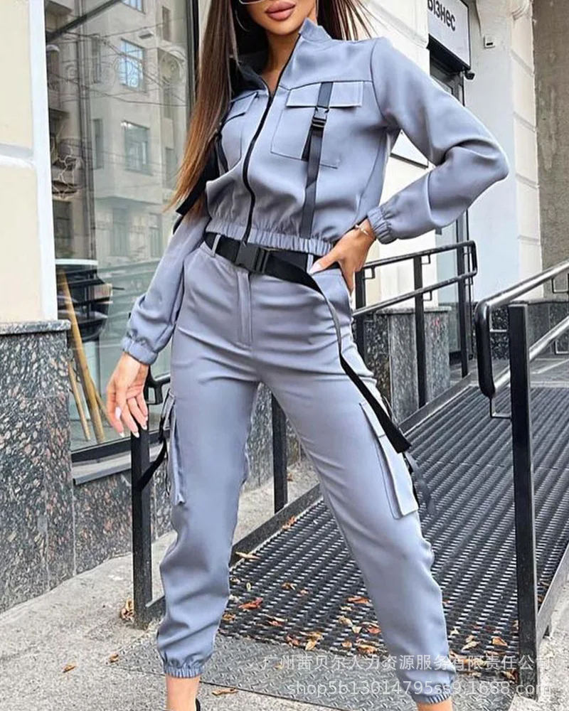

Spring Autumn Women's Casual Two-piece Suit (coat + Pants) Long Sleeve Slim Zip Up Waist Tops Elegant Ladies Casual Pantsuit