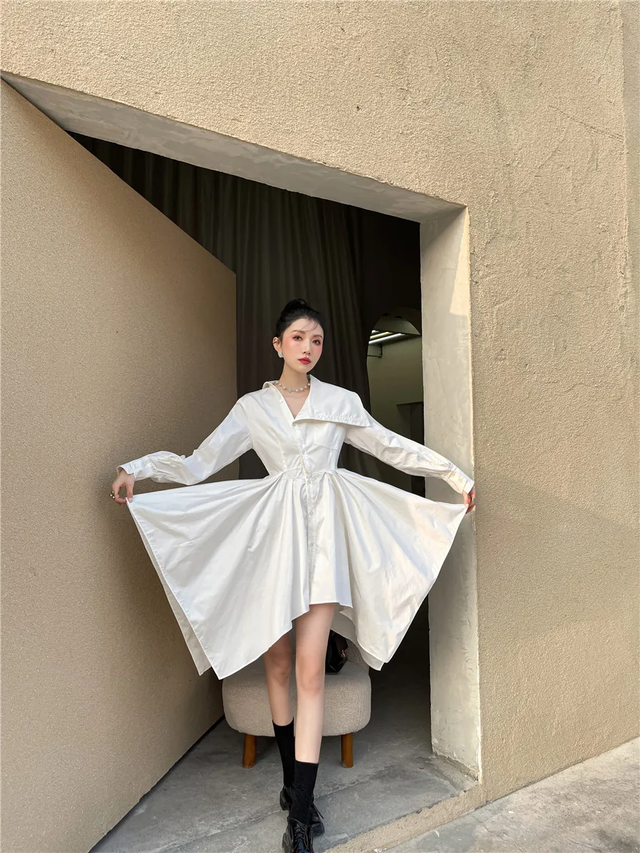 

ZCSMLL White Irregular Women Vestido Asymmetrical Neckline/skirt Design Pure White Dress Korean Fashion 2021 Spring Summer