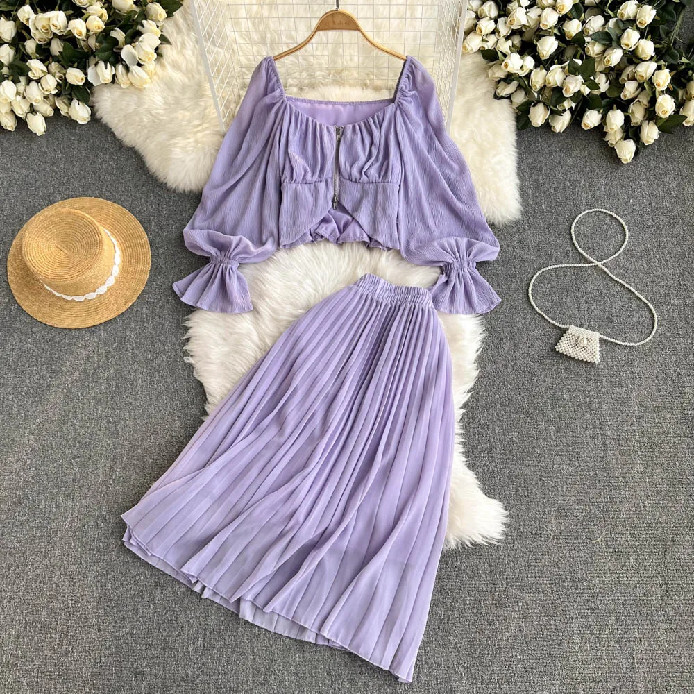 

Костюм для отдыха на море, короткий топ на молнии с квадратным вырезом и плиссированная шифоновая юбка с высокой талией, костюм из двух пред...