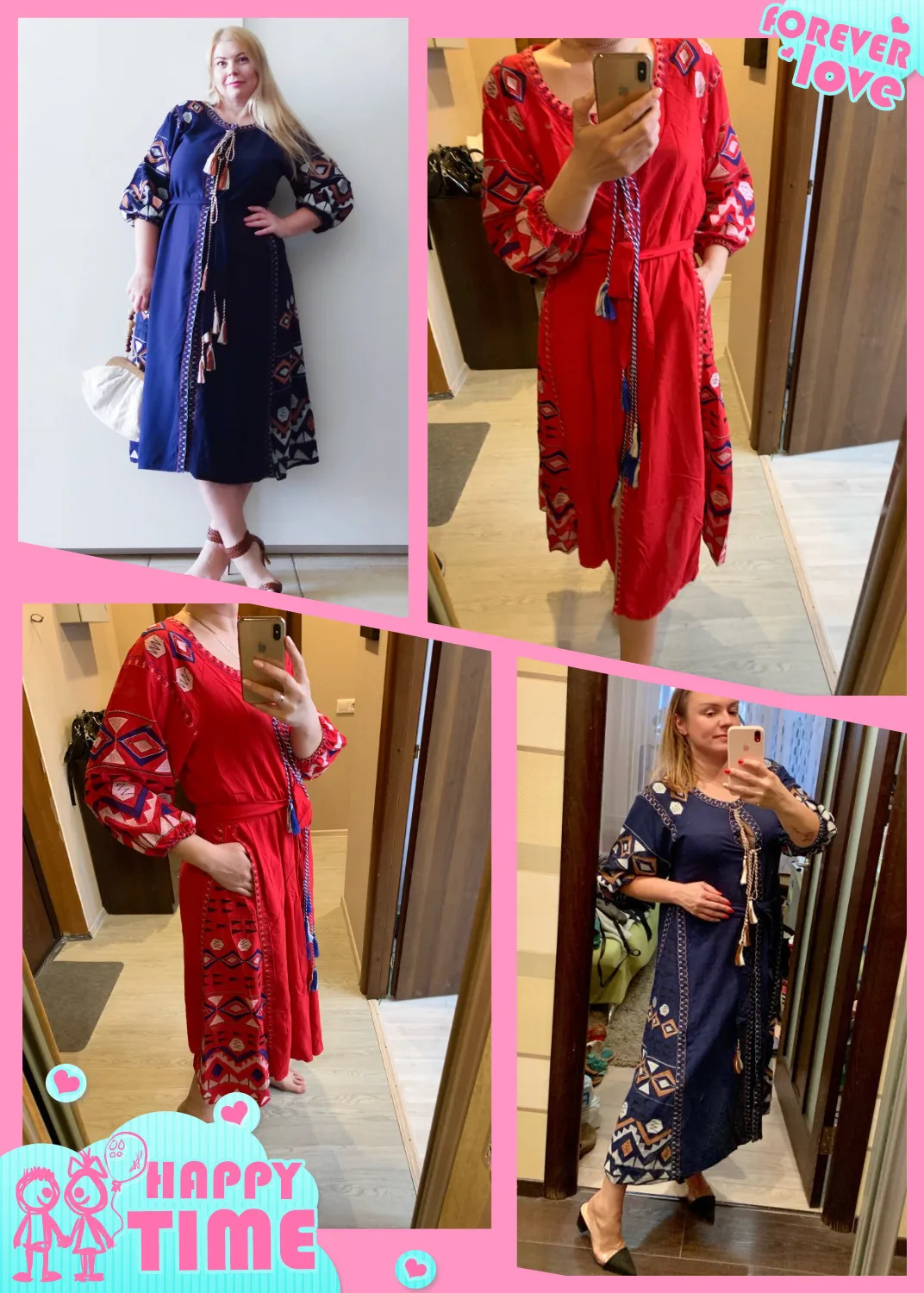 

new bohemian embroidery kaftan dress women cotton handmade bandage belt on waist lantern sleeve wide fit loose
