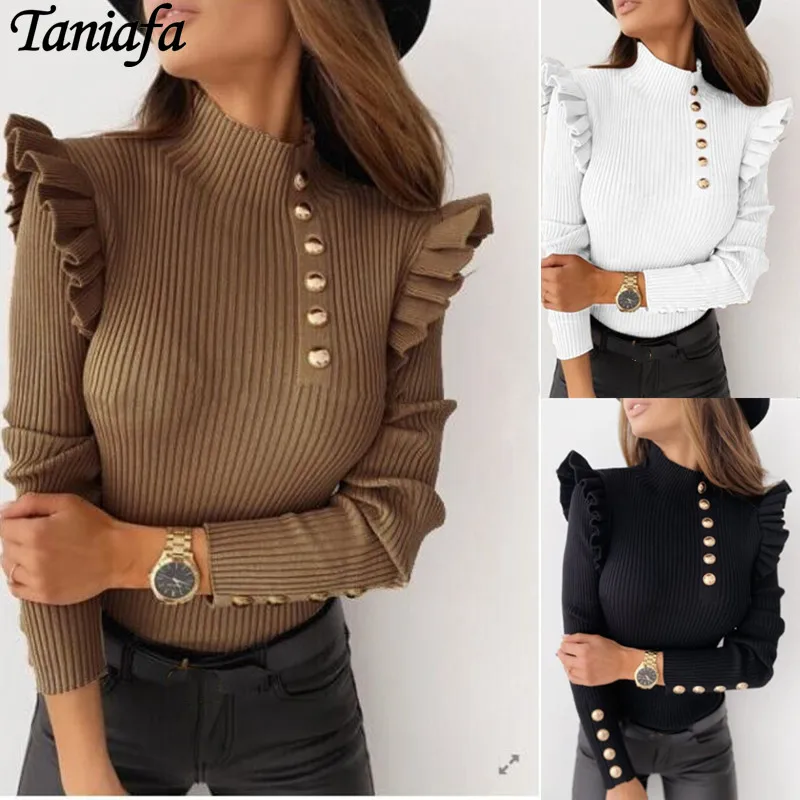 

Осенне-зимний женский облегающий пуловер с рюшами и воланом, с длинным рукавом, базовые рубашки, Женская однотонная трикотажная блузка на п...