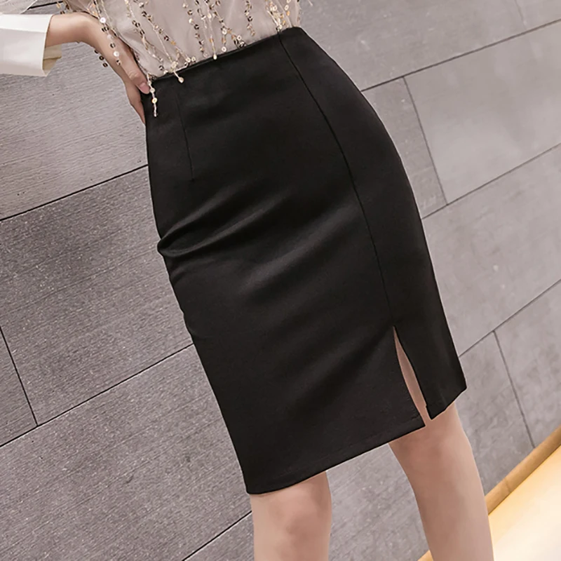 Юбка Женская Асимметричная до колена черная Повседневная Эластичная юбка осень