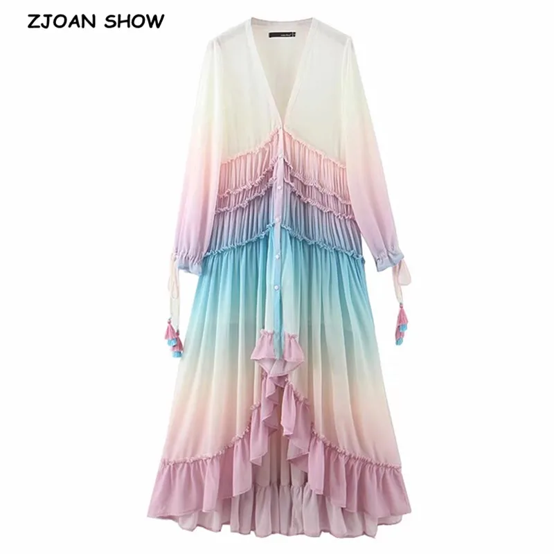 

BOHO Gradient Rainbow Color Single-breasted Button Long Dress Sexy Women Holiday Wood ear Tassel Long Sleeve Ruffles Dresses