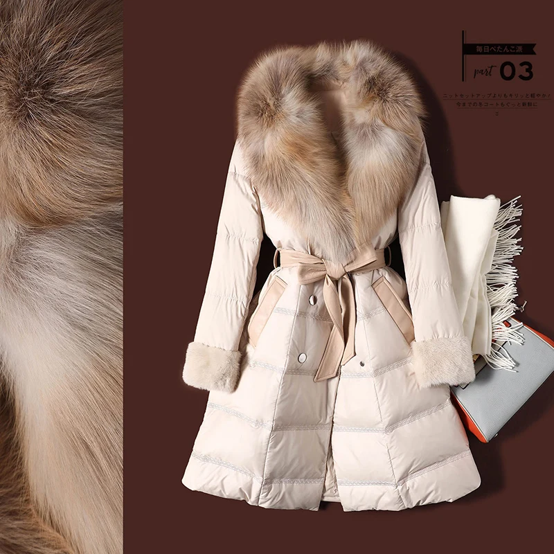 

Shuchan Fox Fur Collar Duck Down Jacket Women Mink Sheepskin Covered Button Winter 90% White Goose Down Long Slim Coat