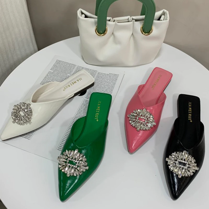 

Fashion Women Slippers Flats Mules Shoes Female Pointed Toe Rhinestone Slides 2022 New Casual Outside Shoes Spring Slides